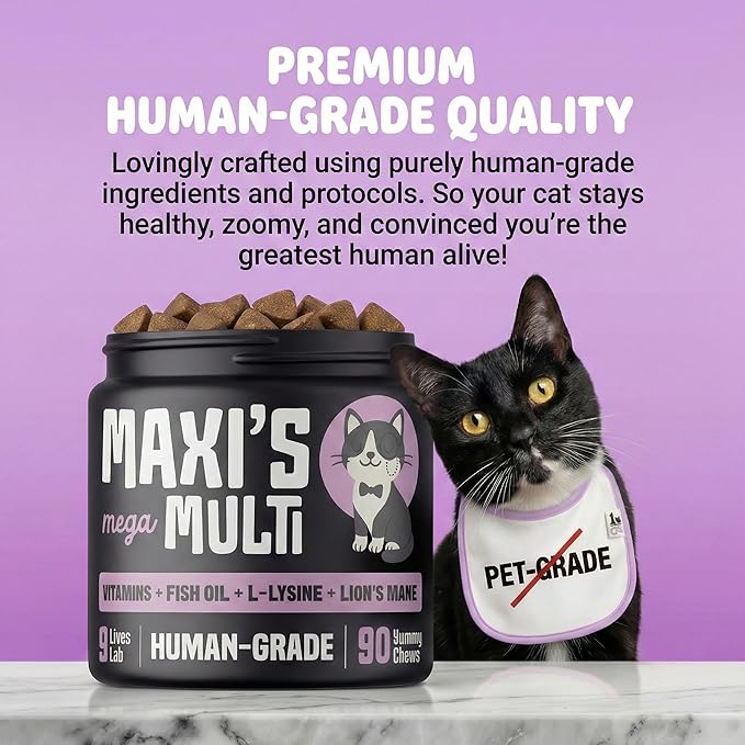 Human-Grade Cat Multivitamin | 15-in-1 Cat Vitamins for Indoor Cats + Fish Oil + L-lysine + Lion's Mane | Feline Vitamins and Supplements | 45 Day Supply of Soft Chews