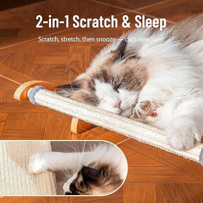 Sisal Cat Scratcher Bed for Indoor Large Cats Lounger & Sleep, Natural Durable Cat Scratching Hammock Pad Board, Solid Wooden Kitten Chair Furniture Easy Assembly
