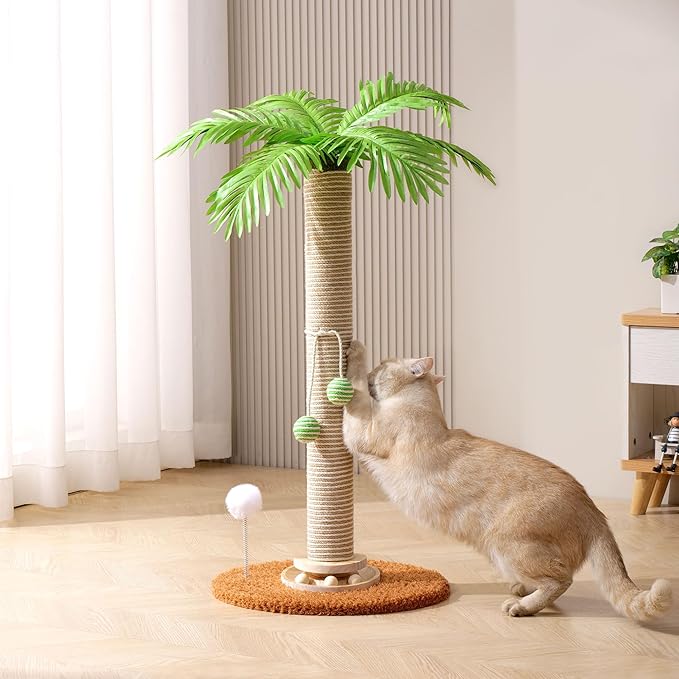 Cat Scratching Post Cat Tree, 32'' Tall Cute Palm Cat Scratcher Tower with Durable Solid Wood Turntable Toy, Sisal Rope Cat Scratcher Post with Interactive Ball for Indoor Adult Cats Climb Play