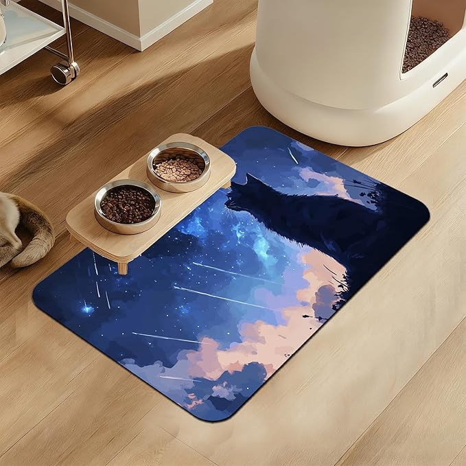 Starry Night Cat Dog Food Mat–Christmas Stocking Absorbent Quick Dry Feeding Placemat for Food and Water Bowls, Non Slip Rubber Backing, Waterproof Pet Supplies for Mess-Free Eating 12"x20"
