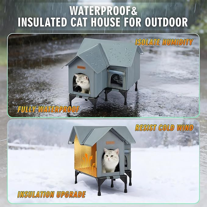 Outdoor Cat House Weatherproof, Heated Cat House for Outside, Insulated Outdoor Cat Shelter with Thickened Model (Grey, L)