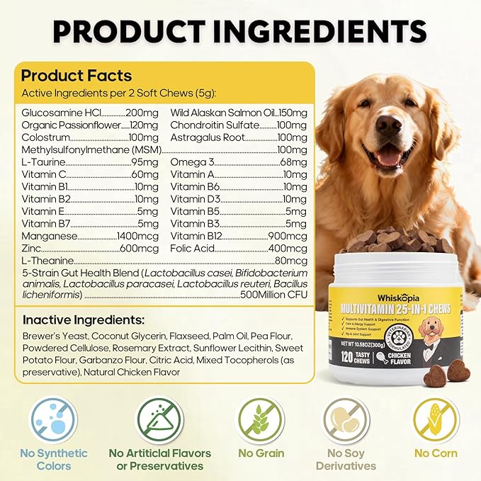 25-in-1 Dog Vitamins Supplements Multivitamin Chewable with Glucosamine MSM Colostrum Probiotics Omega-3 for Dogs and Cats Digestive Gut Hip Joint Omega-3 Skin & Coat Eyes Immune Support - 120 Ct