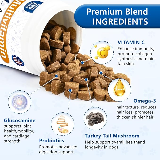 40-in-1 Dog Vitamins Chewable Multivitamin for Dogs Supplements with Glucosamine MSM - Turkey Tail Mushroom, Digestive Enzymes Gut Probiotics, Hip & Joint, Skin & Coat Immune Support, 400ct