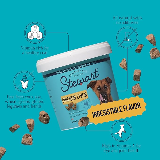 Stewart 100% Chicken Liver Dog Treats, 16.8 oz Tub, ~315 Pieces, Freeze Dried Raw, Single Ingredient, 60% Protein Training Treats or Meal Topper, Grain Free, Gluten Free