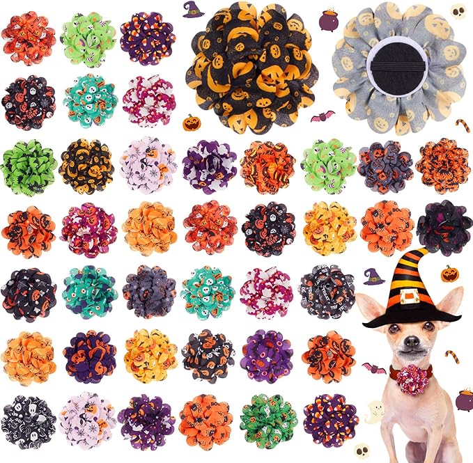 50 Pieces Halloween Dog Collar Flowers Bulk Pumpkin Dog Charms Grooming Accessories Bow Tie Flower for Puppy Pets Cat Collar Attachment Embellishment Halloween Party Costume