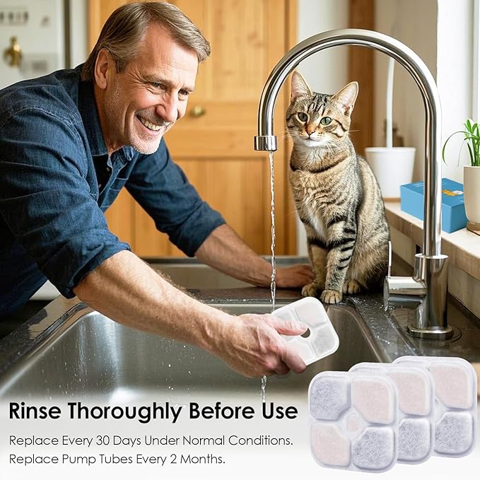 12-Pack Cat Water Fountain Filter Compatible With Catit Pixi Water Fountain Filter Replacement Triple Action Water Filter, 3 Pump Tubes 1 Hard Brush