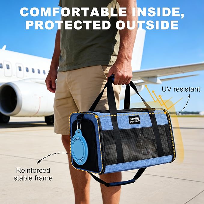 TSA Approved Pet Carrier for Kitten and Puppy, Cat Carrier Soft Fits Pets up to 13 lbs, Dogs Travel Bag with Bowl Foldable, Ideal for Travel, Car Rides, and Vet Visits, Dark Blue