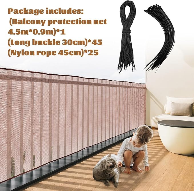 Hosuly Banister Guard 15 x 3 ft Balcony Netting for Kids Pets Stairway Safety Net Baby Fence Door Balcony Netting Safety Mesh Stair Net with No Drilling for Apartment Railing(Brown)