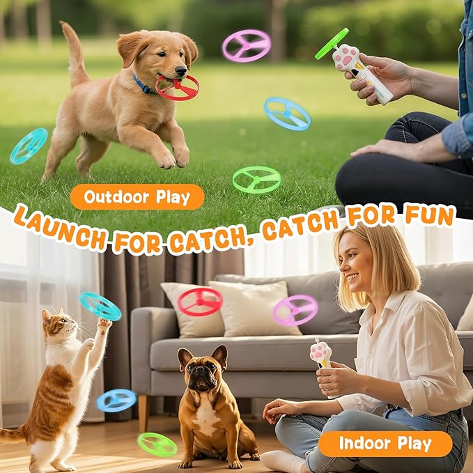 Cat Chase Fetch Toy - Rechargeable Disc Launcher with 6 Flying Spinners - Best Interactive Pet Hunting Toys for Indoor Outdoor Yard Cats Dog (White)