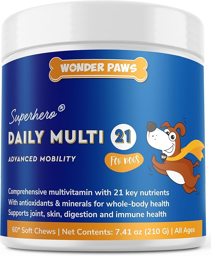 WONDER PAWS Premium Multivitamin for Dogs Daily Multi for Immune, Mood, Joint, Skin, Heart & Digestive Health - 21 in 1 Dog Multivitamins for Optimal Health Essential - 60 Multivitamin Dog Chews
