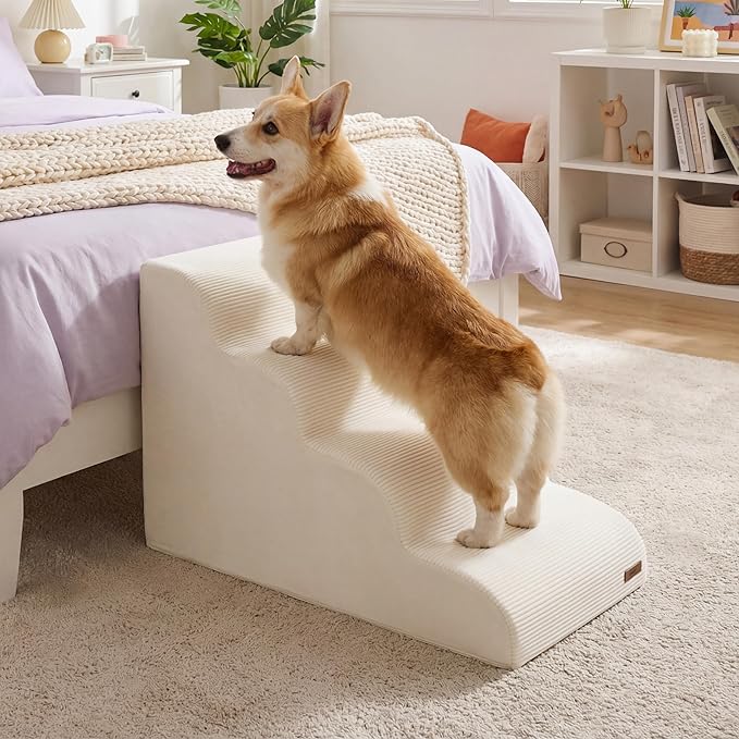 Lesure Dog Stairs for Small Dogs Pet Steps Ramp for High Bed and Couch with CertiPUR-US Certified Foam with Non-Slip Bottom, Beige, 4 Steps