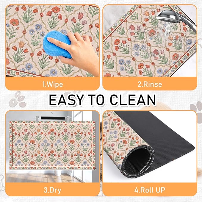 Dog Bowl Mat for Food and Water - Hamdwerk Absorbent Anti Slip Cat Feeding Mats for Floors, Quick Dry Pet Dog Feeding Matts, Diatomite Pet Dish Placemat Supplies, Vintage Floral Style, 17 * 30in