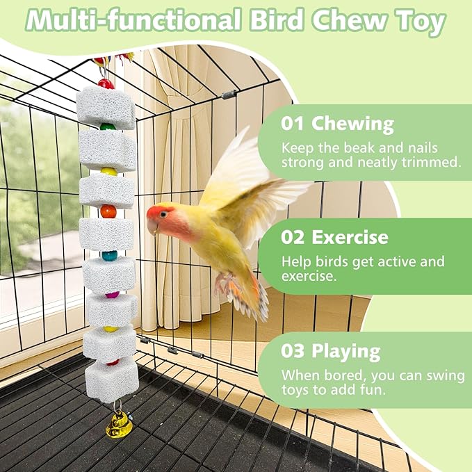 3 Pack Bird Chewing Toy Lava Calcium Bird Beak Grinding Stone with Bell Hanging Parakeet Cage Accessories for Parrot Budgies Hamster Chinchilla Rabbit African Grey