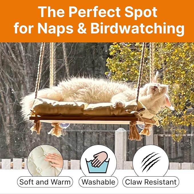 Cat Window Perch with Industrial-Grade Suction Cups - Solid Pine Wood Hammock Bed, Soft Cushion - 42 lb Capacity for Cats Inside