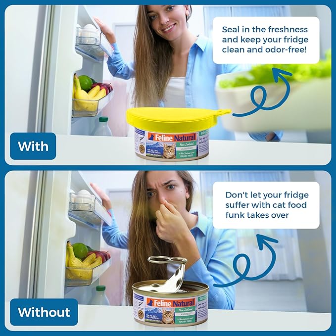 SunGrow Cat Food Can Lids, Durable and Flexible Silicone Wet Pet Food Can Covers, Universal Fit Storage Toppers, Dishwasher-friendly, Yellow, Blue, Green, 4” x 3.5”, 3 Pcs Per Pack