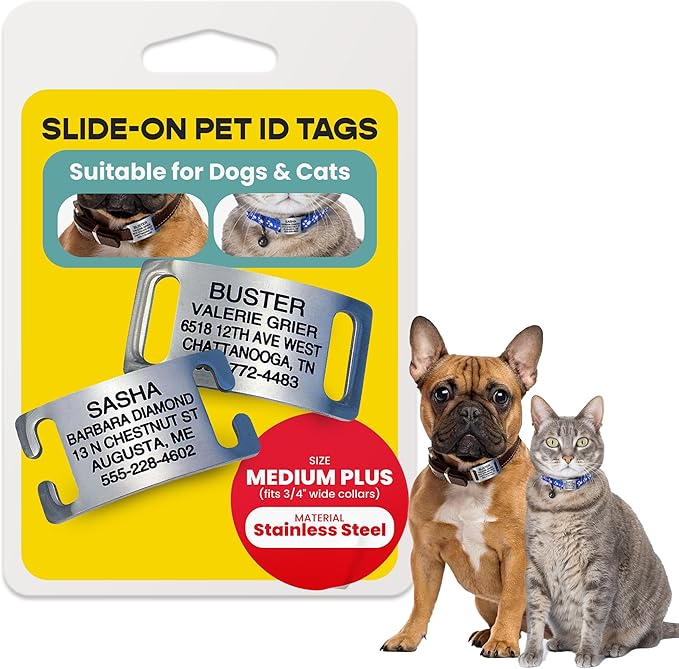 LuckyPet Slide-On Pet ID Tags - Personalized Dog Tags, Durable Stainless Steel, Noiseless, Suitable for Dogs & Cats, Fits 3/4 Inch Collars - Medium Plus, Closed Ends