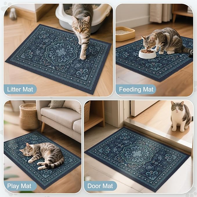 Unicorn Catcher Cat Litter Mat 33" x 22" Non-Slip Litter Box Mat Washable Litter Catcher Mat for Litter Box Indoor Food Mat Supplies Essentials,Navy Blue