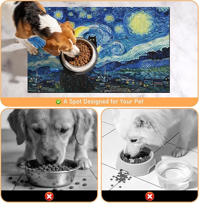 Dog Food Feeding Mat - Absorbent Diatomite Pet Dog Cat Bowl Mats for Food and Water, Anti Slip Dog Bowl Placemat for Floors, Quick Dry Pet Dish Matts Supplies, Black Cat Style, 12 * 20in
