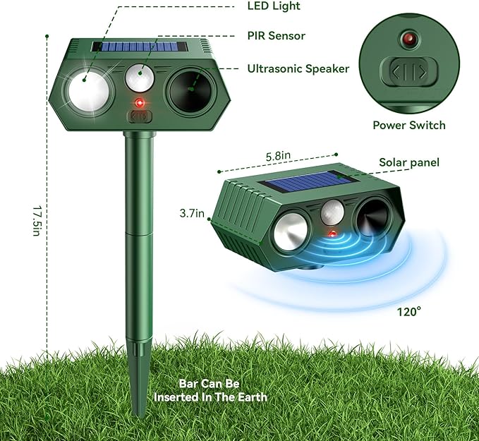 2026 Upgraded Solar Ultrasonic Animal Repellent Outdoor Deer Cat Repellent with Motion Sensor Flash Light,IP65 Waterproof Repeller Keep Rodent Squirrel Raccoon Opossum Skunk Out of Yard Farm -2 Pack