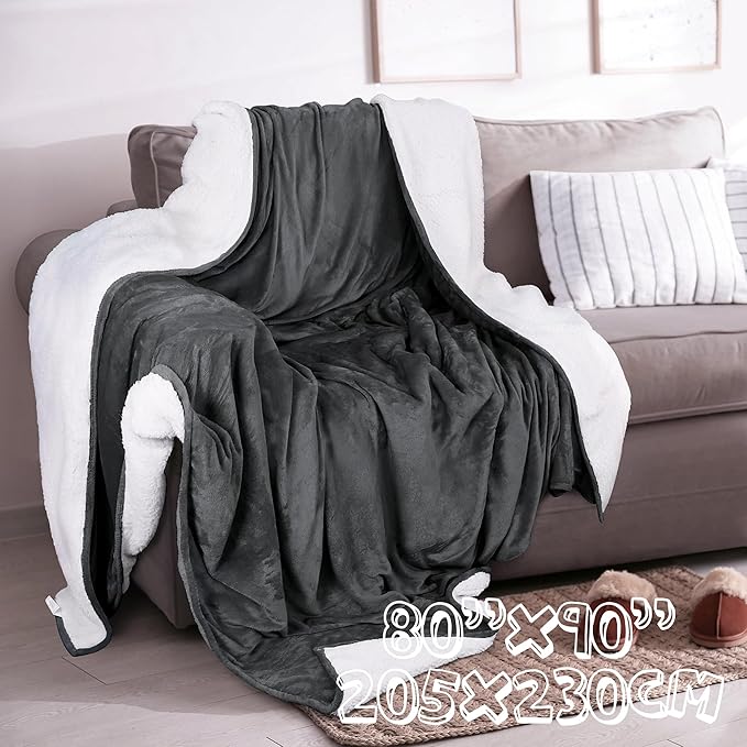 Waterproof Dog Blanket, 3-Layer Flannel and Sherpa Pet Throw, Reversible Protector Cover for Bed Couch Sofa, Grey, 80"x90"