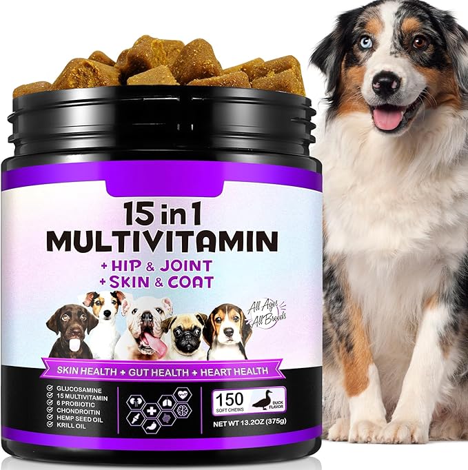 15-in-1 Dog Vitamins and Supplements, 150ct Dog Multivitamin Chewable with Glucosamine and Probiotics Senior & Puppy Multivitamin Pet Supplement Hip & Joint Support Immune Health Heart Digestion