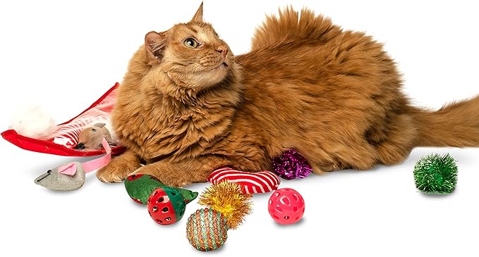Midlee Christmas Stocking Cat Toy Gift Set (14 Toys)- Candy Canes, Bells, Mice Kitten Holiday Toys