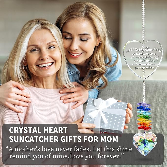 Crystal Heart Suncatcher Gifts for Mom, Window Garden Hanging Crystal Prism Sun Catcher Rainbow Maker, Best Mom Birthday Gift from Daughter Son Kids