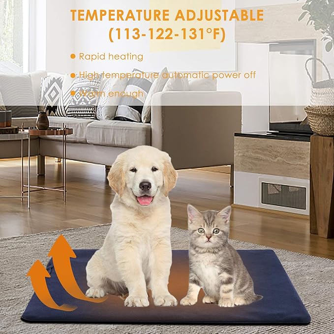 TJOY Pet Heating Pad Electric Heating Pad for Dogs and Cats Indoor Warming Mat Heated Pet Bed with Auto Power Off (M:22''x18''(Blue))