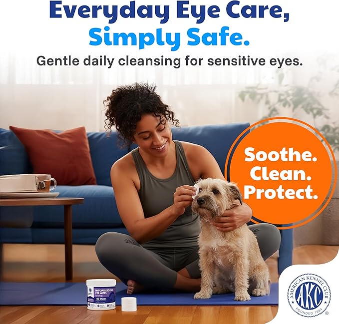American Kennel Club Pet Eye Wipes for Dogs & Cats – Tear Stain Remover & Eye Discharge Cleaner – Hypoallergenic Grooming Wipes, 100 Count (Lavender Scent)