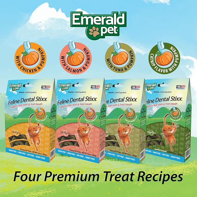 Emerald Pet Grain-Free Catnip Cat Dental Treats – Crunchy Dental Sticks for Cats to Clean Teeth, Reduce Plaque & Tartar, Freshen Breath – Pumpkin for Digestive Health, Natural Cat Chews, 3.6 oz
