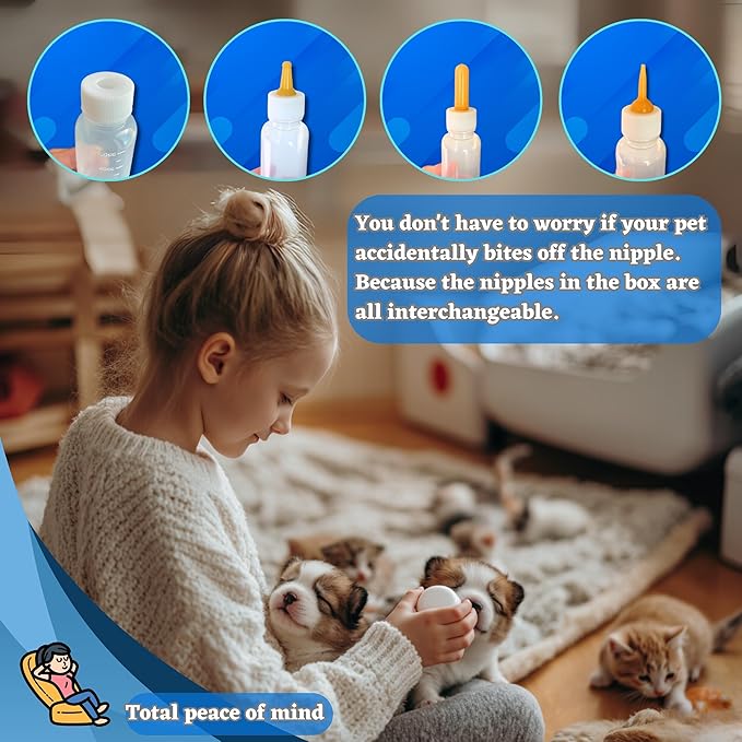 Newborn Pet Feeding Kit, 50ml Nursing Bottle & Syringe Set for Puppies, Kittens, Rabbits, Squirrels – BPA-Free Silicone Nipples, Measuring Cup & Cleaning Brush – Safe, Hygienic Milk Feeder