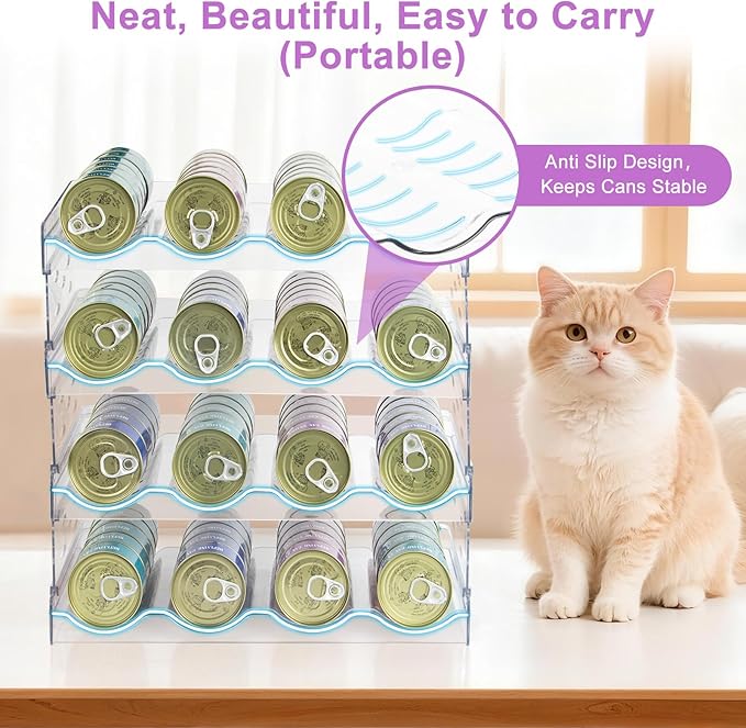Cat Food Can Organizer, Can Organizer for Pantry, Transparent Cat Food Storage Container Holds 96 (3.5oz) Cans, Canned Food Organizer and Storage for Countertop Kitchen Cabinet (4 Tier-4 Layer)