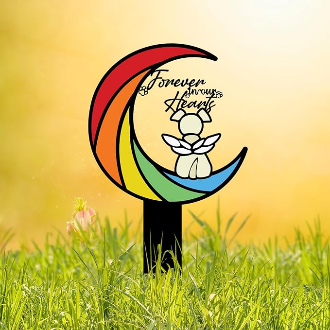 Rainbow Bridge Memorial Grave Marker – 12in Angel Pet Grave Tribute, Weatherproof Loss Gift with Colorful Moon Design, Garden Decoration for Rainbow Bridge Dog Lovers