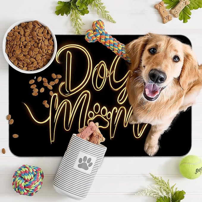 Dog Mom Food Mat for Floors,Absorbent Quick-Dry Pet Feeding Mat,Cat Dog Bowl Mats for Food and Water,Non-Slip Pet Accessories Supplies 16"x24"