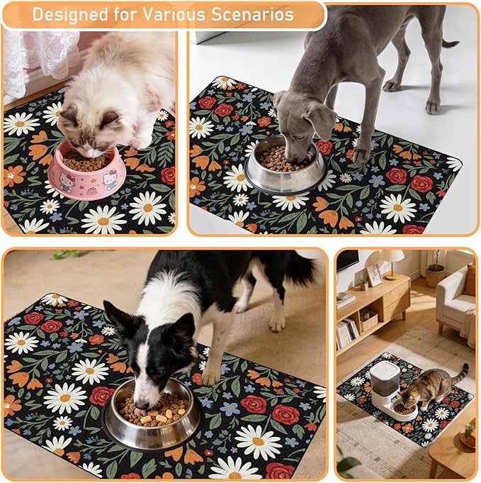 Dog Cat Food Mat - Absorbent Quick Dry Dog Bowl Mats for Food and Water, Anti Slip Cat Feeding Placemat for Floors, Diatomite Pet Dish Matts Accessories Supplies, Floral Style, 17 * 30in