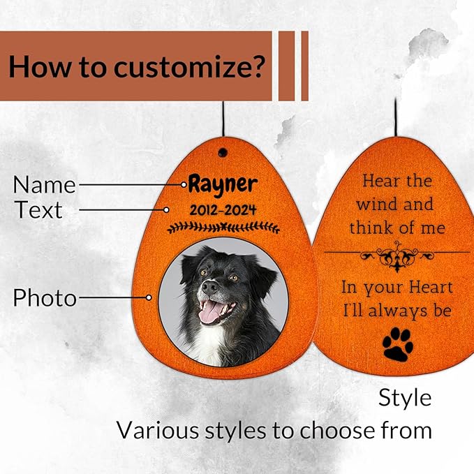 Personalized Dog Memorial Gifts for Loss of Dog - Custom Sympathy Wind Chime with Photo & Name, 26"/32"/37" Outdoor Bereavement Keepsake for Garden or Patio(Silver)