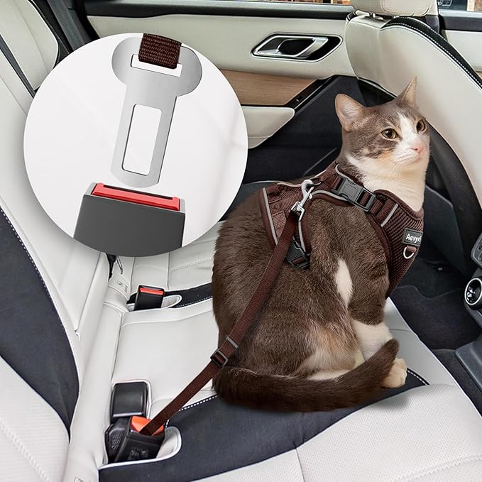 Cat Harness and Leash Set - Escape Proof Adjustable Cat Harness, Comfortable Soft Lightweight, Use Safe & Easy, Walking Travel Kitten Harness for Small Medium Large Cats, Brown, M
