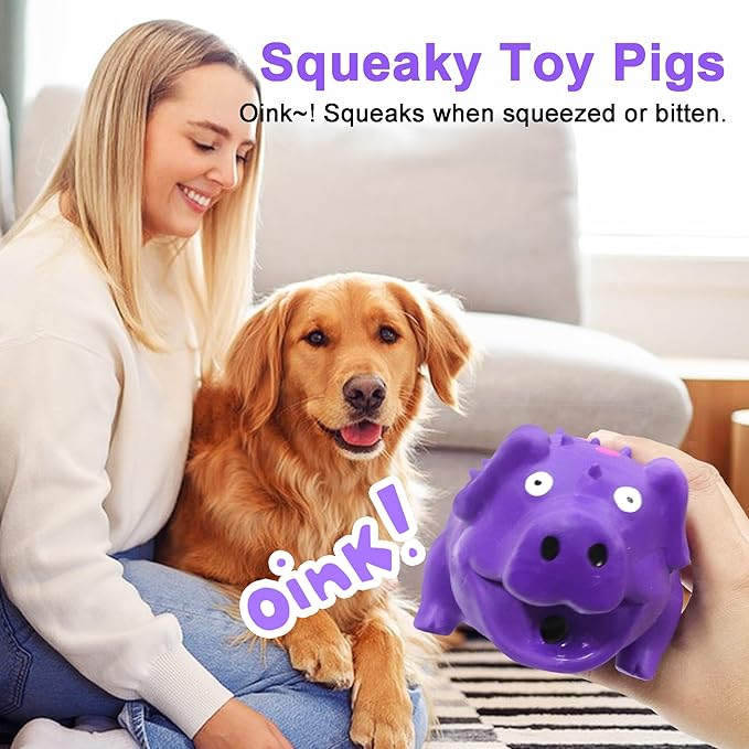 Squeaky Pig Dog Toy That Oinks, Latex Pig 7.3 in Grunting Dog Toys, Durable Dog Chewing Toys for Small Medium Large Dogs (Purple 20CM)
