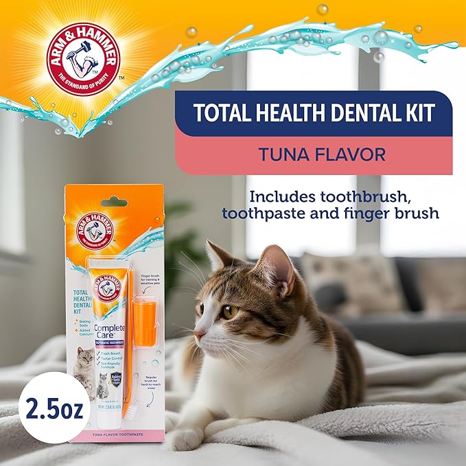Arm & Hammer Complete Care Cat Dental Kit, Tuna Flavor Enzymatic Cat Toothpaste, Dual-Head Toothbrush & Finger Brush, Baking Soda + Calcium, Fluoride-Free Formula, 2.5 oz