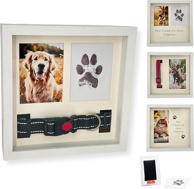 Dog Paw Print Kit for Dogs, Dog Picture Frame with Shatterproof Plexiglass, 4 Customizable Displays, 9”x9”, Pet Memorial Gift for Dogs, Loss of Pet Sympathy Gift, Pet Paw Print Impression Kit (White)