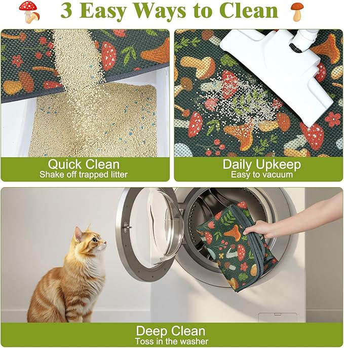 Unicorn Catcher 40X30in 2packCat Litter Mat Machine Washable Soft 3D Air Mesh Litter Box Rug Non-Slip Backing Quick Dry Scatter Control for Paws,Green Mushrooms