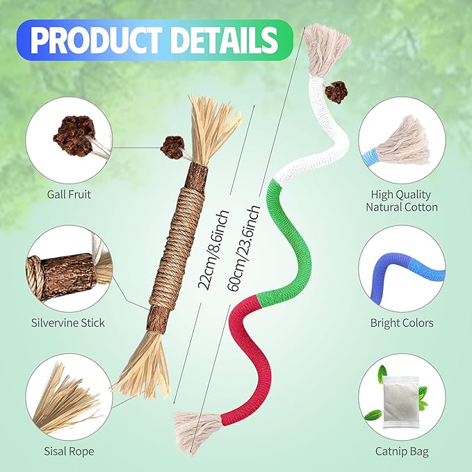 Cat Toys Chew Rope & Silvervine Sticks for Bored Indoor Adult Cats, 2Pcs Interactive Catnip Toys for Cats with Refillable Natural Catnip Bag for Teeth Cleaning