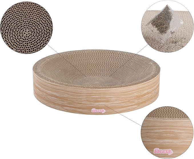 CSR1010J Nelson 20.13" Modern Cardboard Round Bowl Cat Scratcher with Catnip, Oak Wood