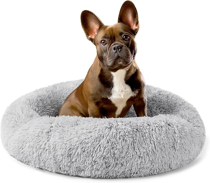 PetAmi Calming Dog Bed for Small & Medium Dogs and Cats, 23 Round Donut Dog Bed, Washable Fluffy Faux Fur Puppy & Cat Bed, Anti-Anxiety Plush Cuddler Pet Bed with Anti-Slip Bottom - Light Gray