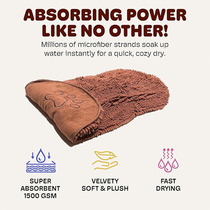 Dog Gone Smart The Dirty Dog Shammy - 2-Pack, Fast Drying Plush Shammy Towel with Dual Hand Pockets and Elastic - Super Absorbent Microfiber and Machine Washable - 31 × 13 in, Brown