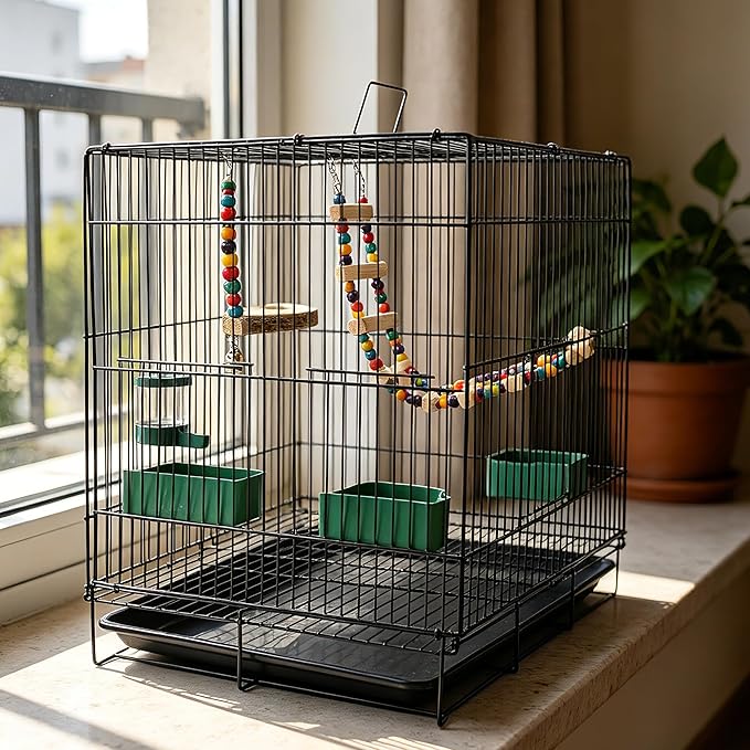20-inch Bird Cage,Foldable Medium Small Parrot Parakeet Bird Cages for Parrots Canaries Cockatiels Lovebirds Finches Budgies Conures Pet Metal Birdcage with Slide-Out Tray and 4 Pcs Bird Toys