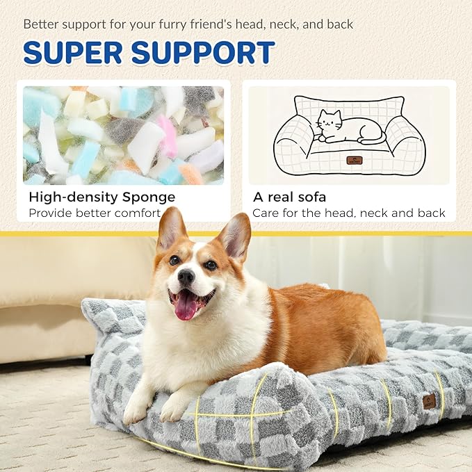 Cat Bed Cats Couch for Puppy and Kitten, Fluffy Pet Couch Small Dog Sofa Bed, Supportive Cat Sofa for Indoor Cats, Washable Cover & Non-Slip, 26 inch, Grey