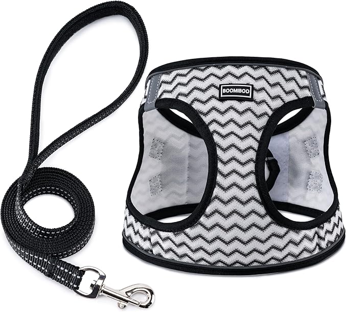 BOOMIBOO Dog Harness with Leash Set, No Pull Adjustable Reflective Step-in Puppy Pet Vest Harnesses for Small Medium Large Dogs and Cats,White Stripe XXS
