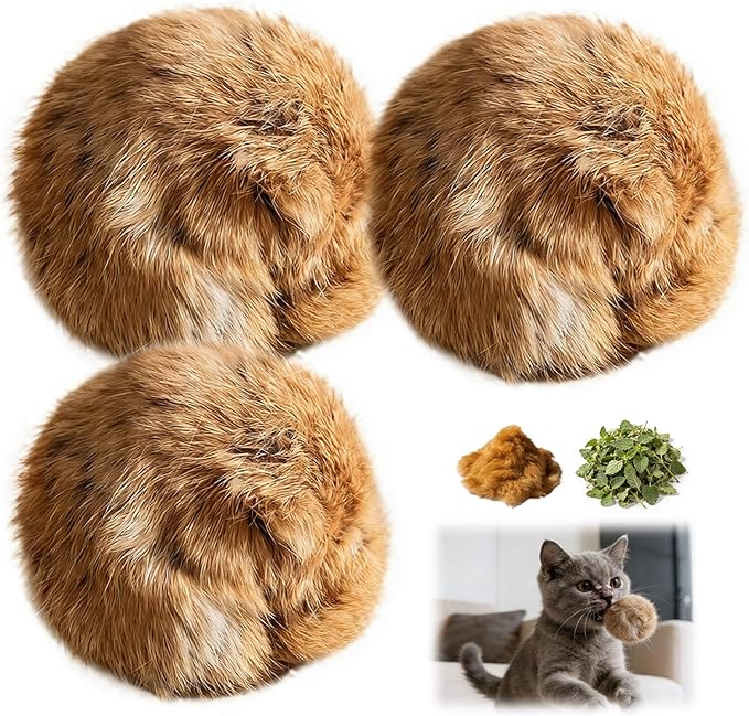Rabbit Fur Pom Pom Ball,Real Rabbit Fur Catnip Toy - Interactive Fluffy Rolling Ball for Indoor Cats, Multi-Cat Homes & Pursuit Games, Soft Cute & Durable Play Essential for Kittens to Adults