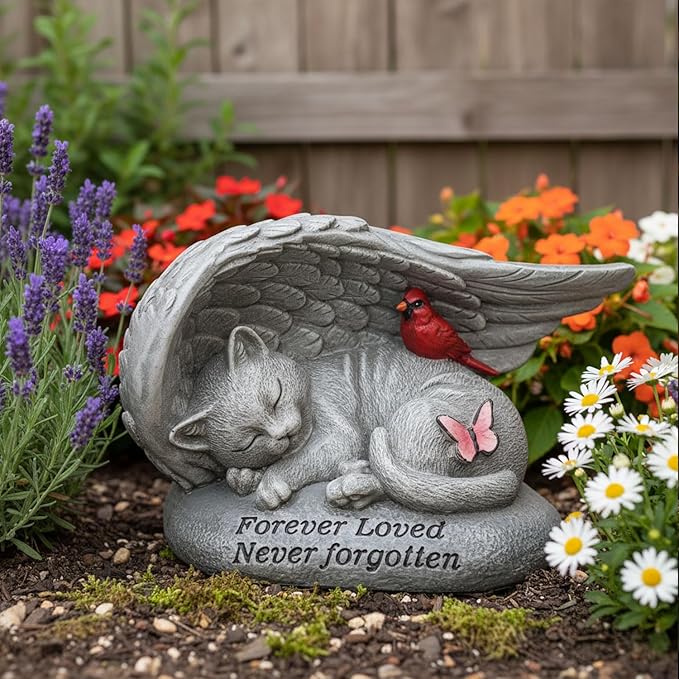 Cat Memorial Stones with Angel Wing Kitten Sculpture Sleeping 6 Inch, Pet Grave Markers Resin Pet Loss Sympathy Gift Cat for Outdoor Garden Gravesite Funeral